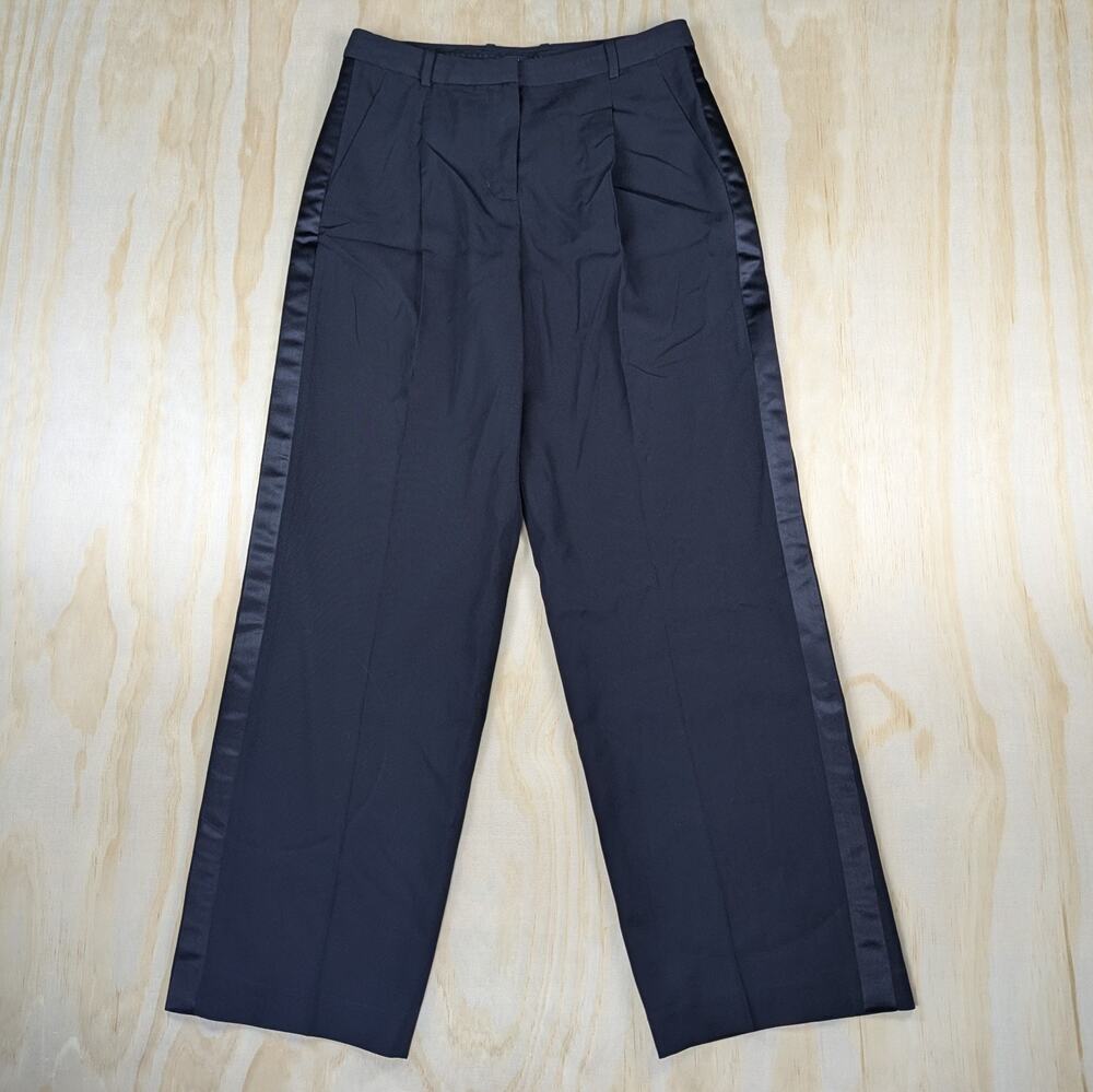 Aritzia Women's 8 Ten Black 100% Wool Tuxedo Trousers Pleated Satin Stripe Pants